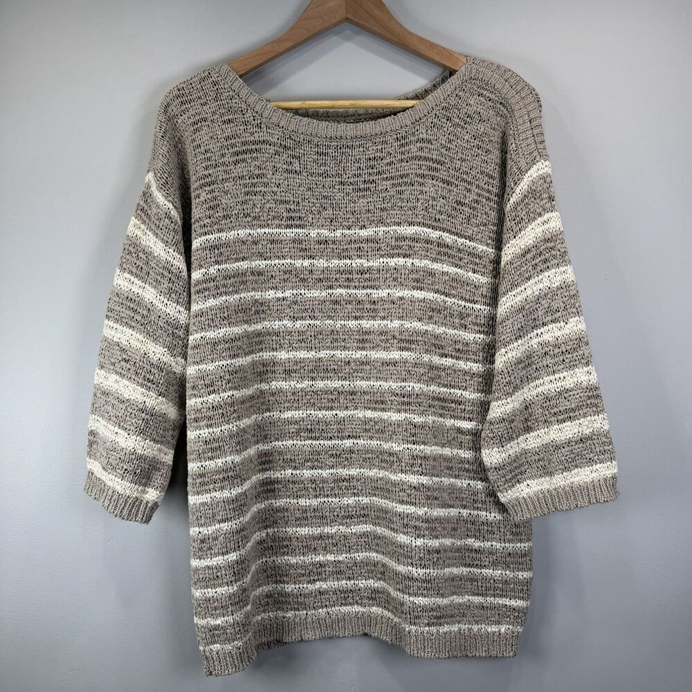 Jones New York Sport Size XL Beige & Sand Striped Ribbon Knit Cotton Sweater